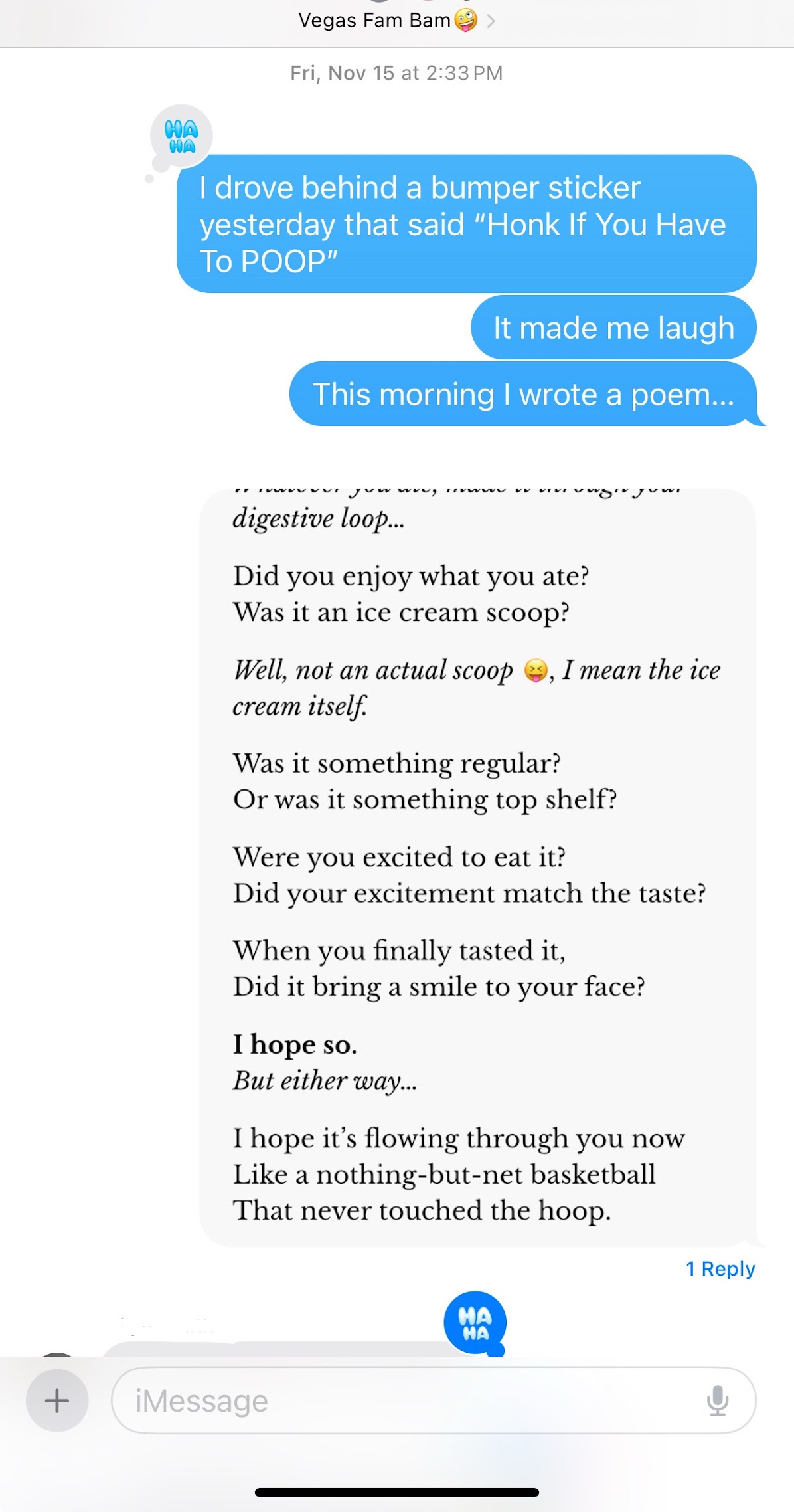 Family group chat reactions to the poem